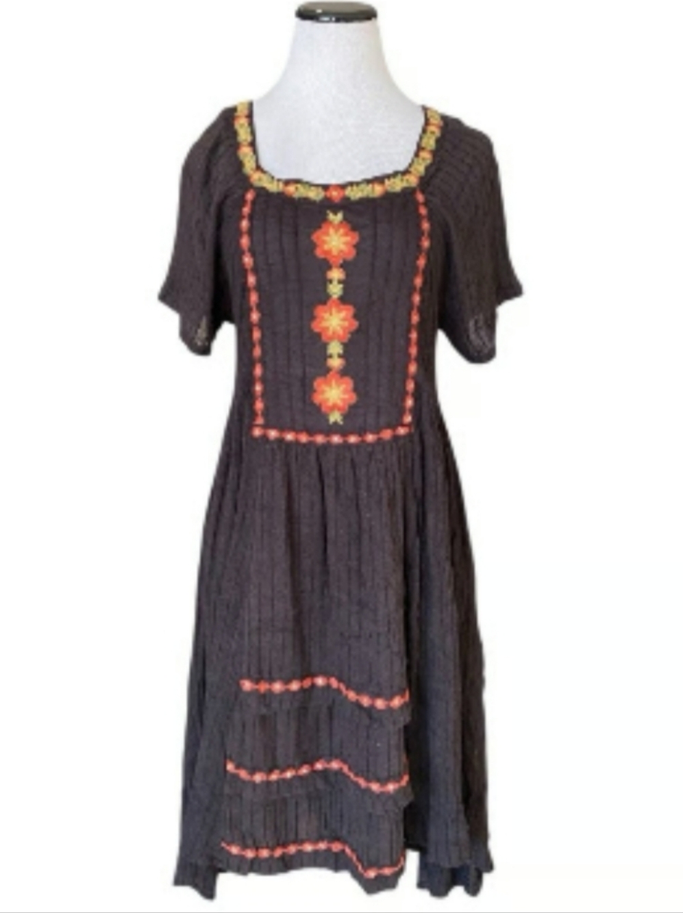 Free People Black Gause Floral Embroidered Dress With Back Cut Out, Size Medium